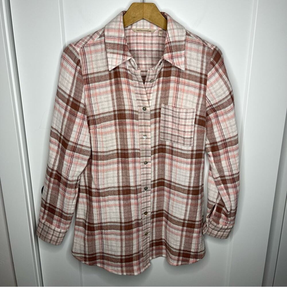 Soft Surroundings Pink & Brown Plaid Pattern Button Down Flannel Shirt Size XS